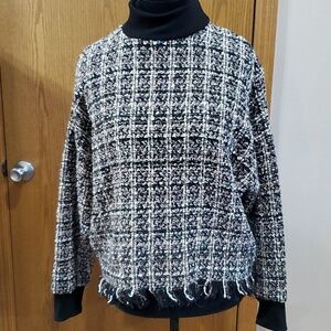 Grace Karin textured fringe tan white black long sleeve knit sweater